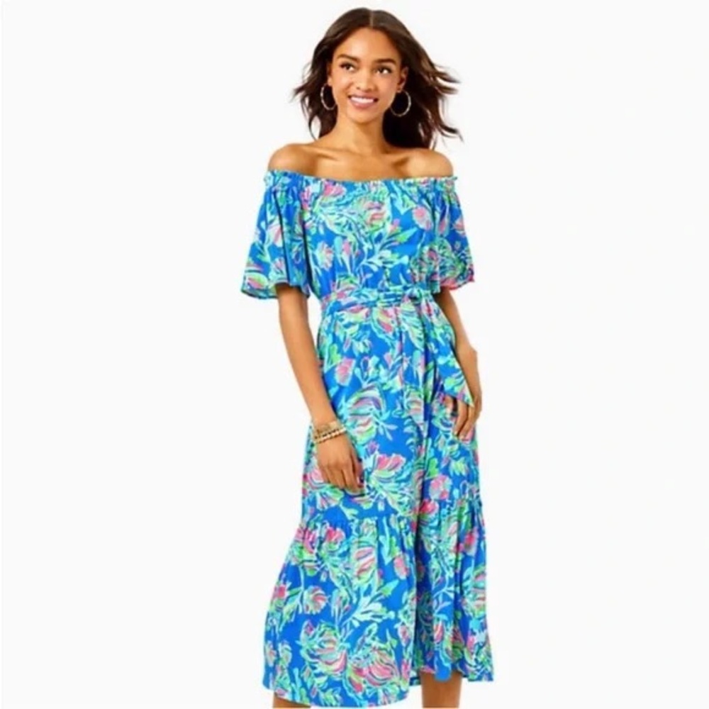 Lilly Pulitzer Blue and Pink Off-Shoulder Dress